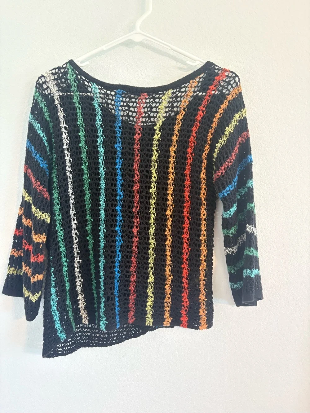 NIC+ZOE Rainbow Striped Open Knit Crochet Pullover Sweater